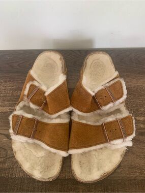 Birkenstock Arizona Shearling Brown Suede Buckle Sandals Size EU38 W7-7.5
